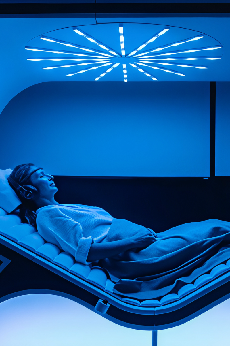 Woman reclining in a precision neuro-relaxation wellness pod with blue chromotherapy lighting — advanced longevity technology for nervous system restoration