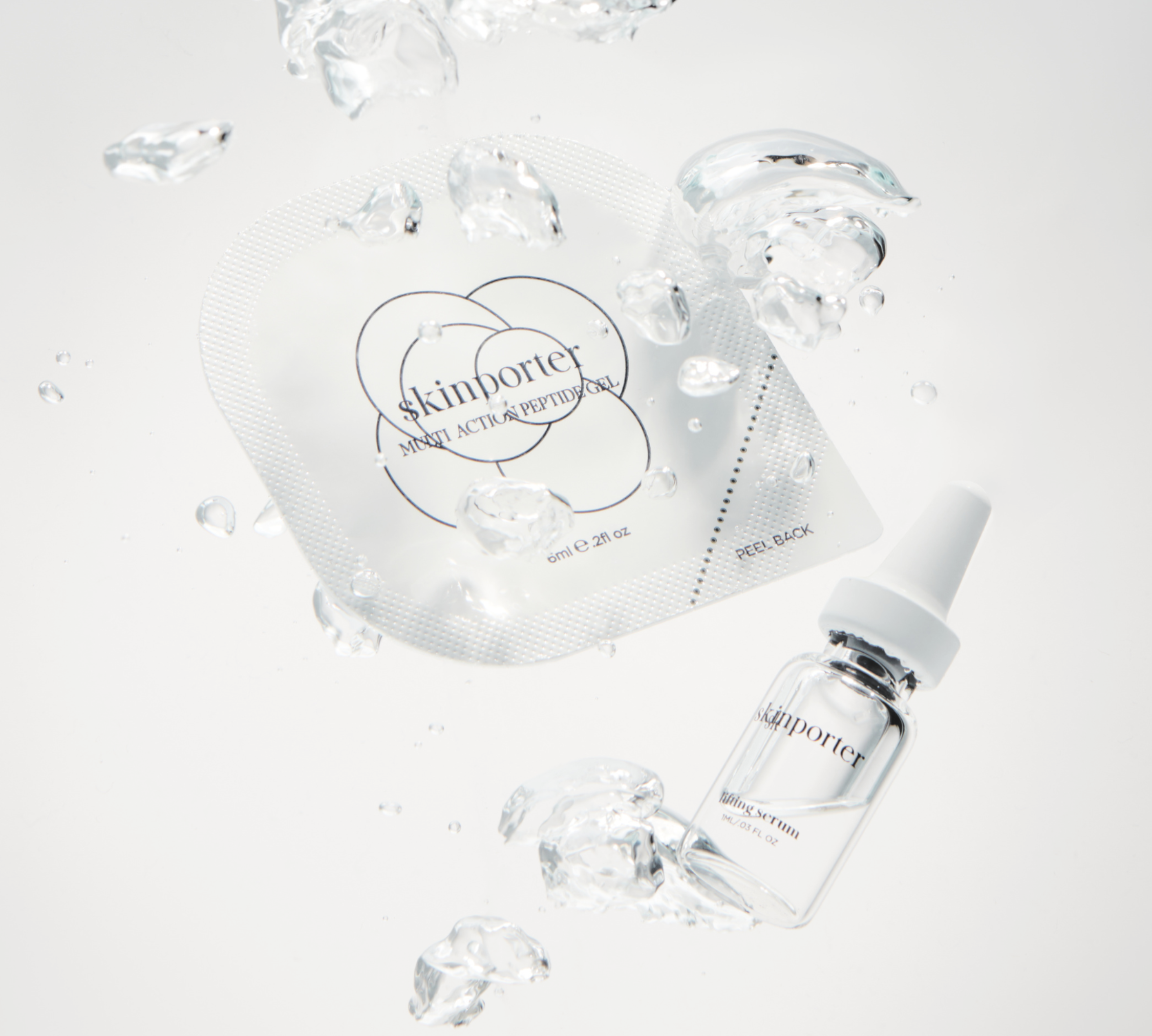 skinporter Multi-Action Peptide Gel sachet and Lifting Serum vial surrounded by water droplets and oxygen on a white background — peptide facial treatment for radiant skin