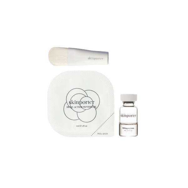 skinporter Peptide Facial Travel — Multi-Action Peptide Gel sachet, Lifting Serum vial and applicator brush on white background