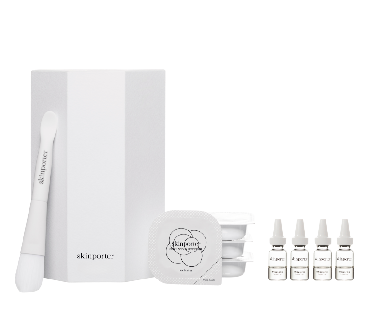 Skinporter O₂ Peptide Facial Kit with skincare products and tools for at-home facial treatment display.