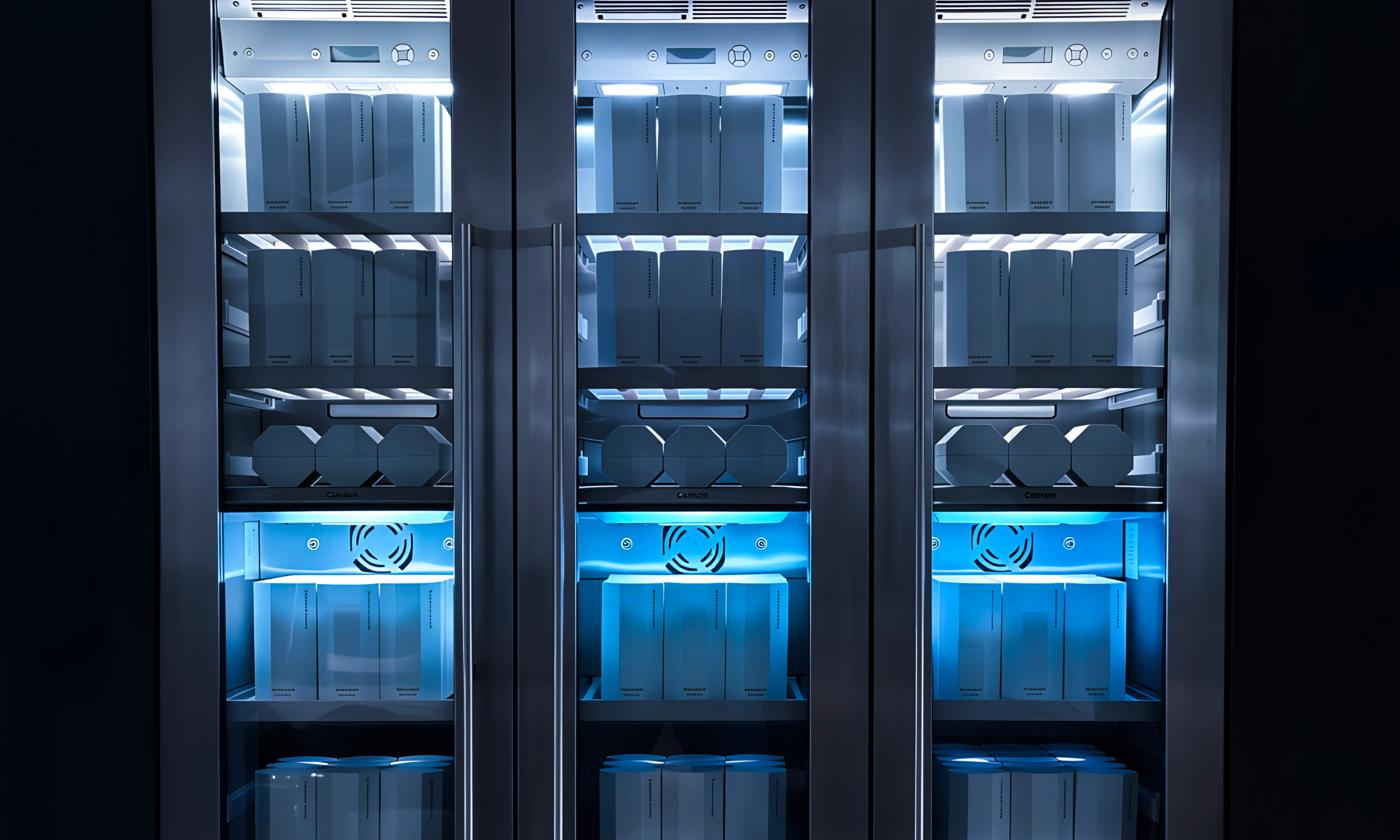 Gaganuee fridge, displaying skinporter starter white octagon boxes, with blue lighting in setting.